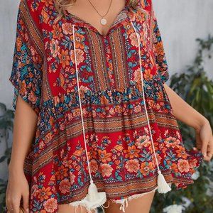 Plus Floral Print Tassel Tie Neck Batwing Sleeve Peplum Blouse